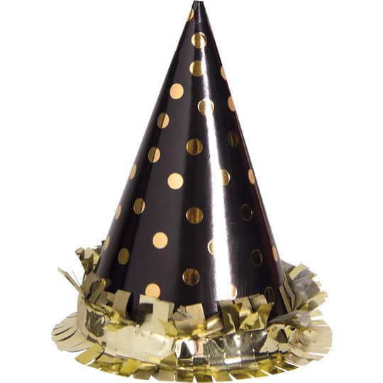 JAM Paper 3" Black with Gold Dots Party Hats, 6ct.